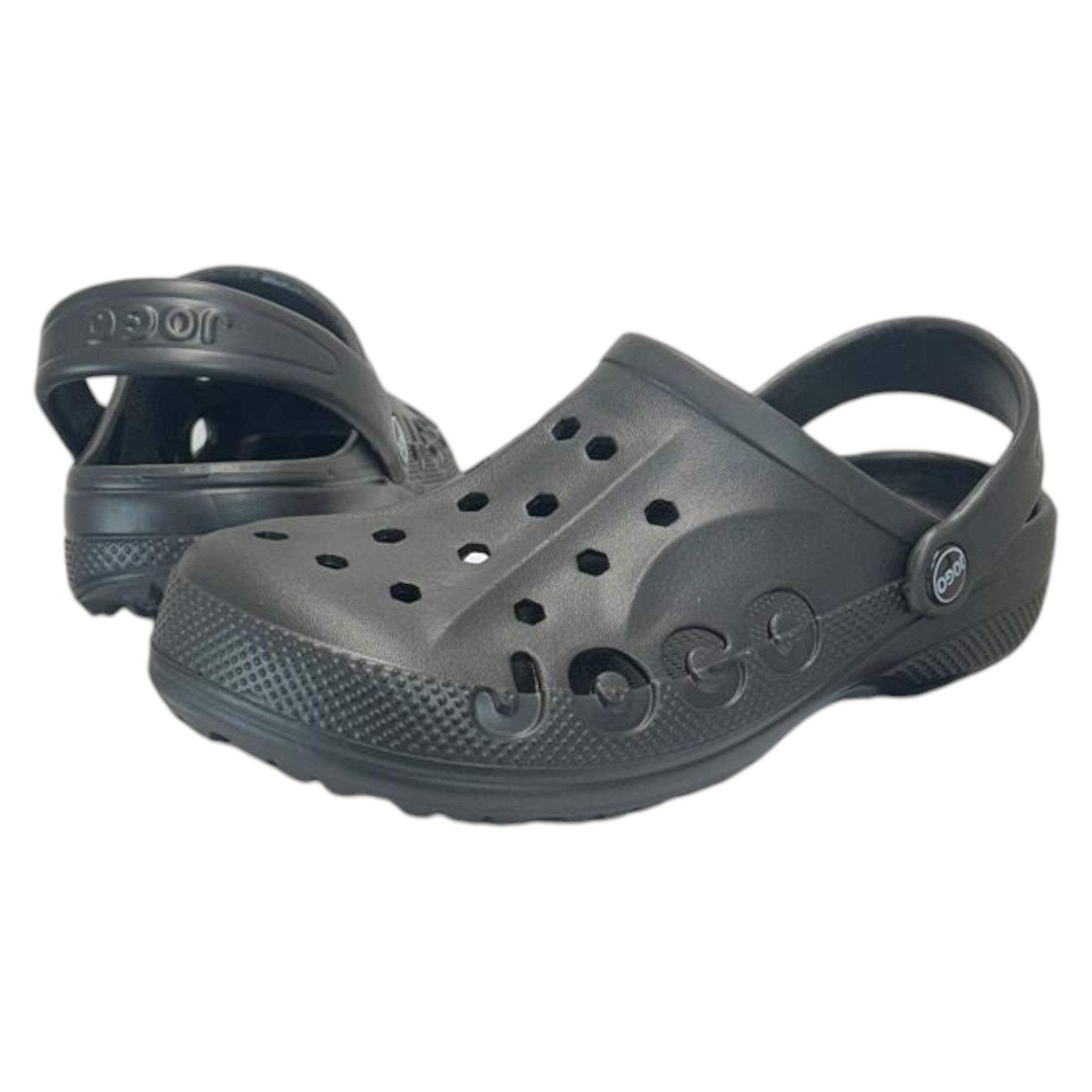 Black Jogo clogs with breathable ventilation holes and adjustable heel strap – lightweight unisex slip-on garden shoes
